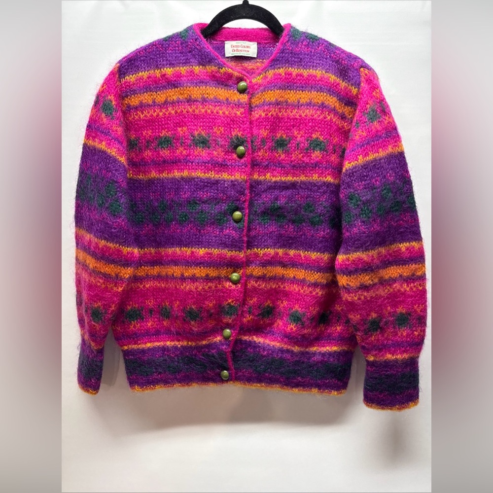 VTG United‎ Colors Of Benetton Italy Mohair Cardigan Sweater Size 46 Preppy 80s